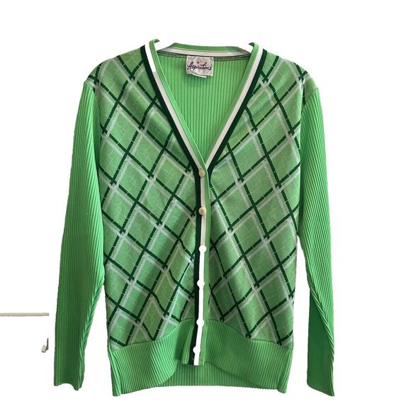 Vtg 60s 70s Green Argyle Cardigan Knit Check 5-6 Women's Aspirations Preppy - Picture 1 of 4